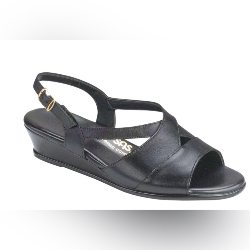 SAS Caress Cross Strap Wedge Sandal Black Womens Size 8.5